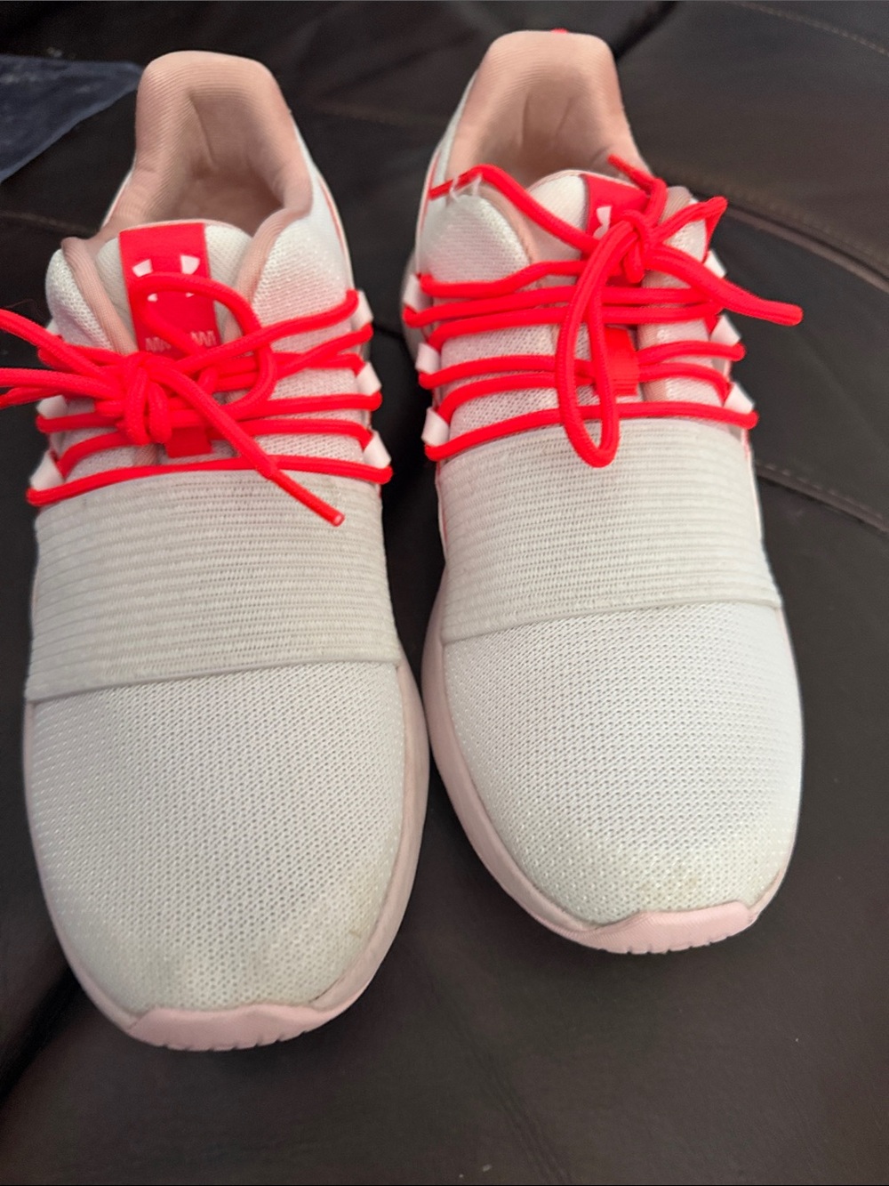 Under Armour Women’s White Knit Sneakers with Neon Pink Laces